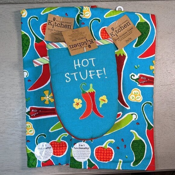 HOT STUFF Spicy Pepper Oven Glove and Kitchen Towels Set NWT - Picture 4 of 4